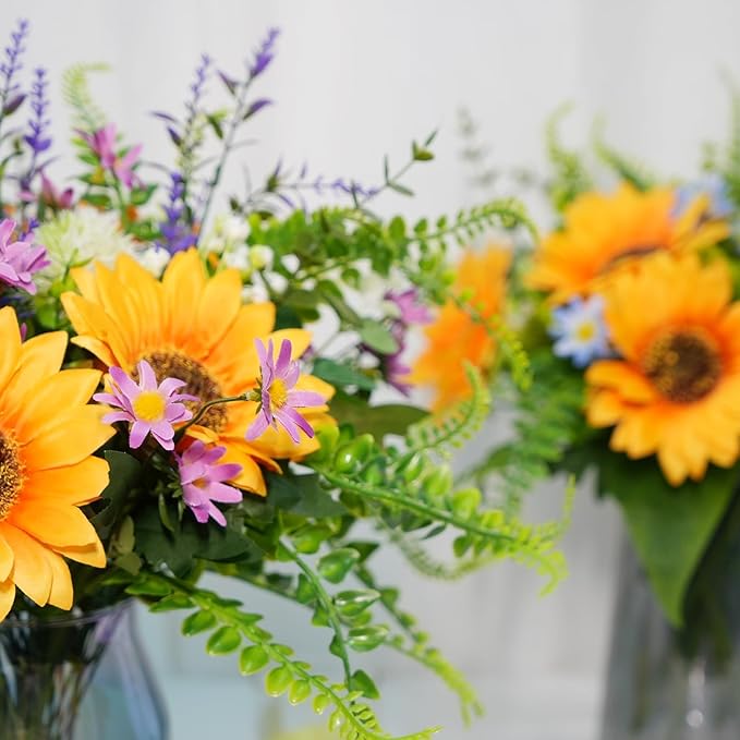 HUAESIN Sunflowers Artificial Flowers Bouquets Spring Flowers Artificia Fake Wildflowers Silk Cemetery Flowers Arrangements for Home Kitchen Office Table Centerpieces Wedding Party Grave Decor
