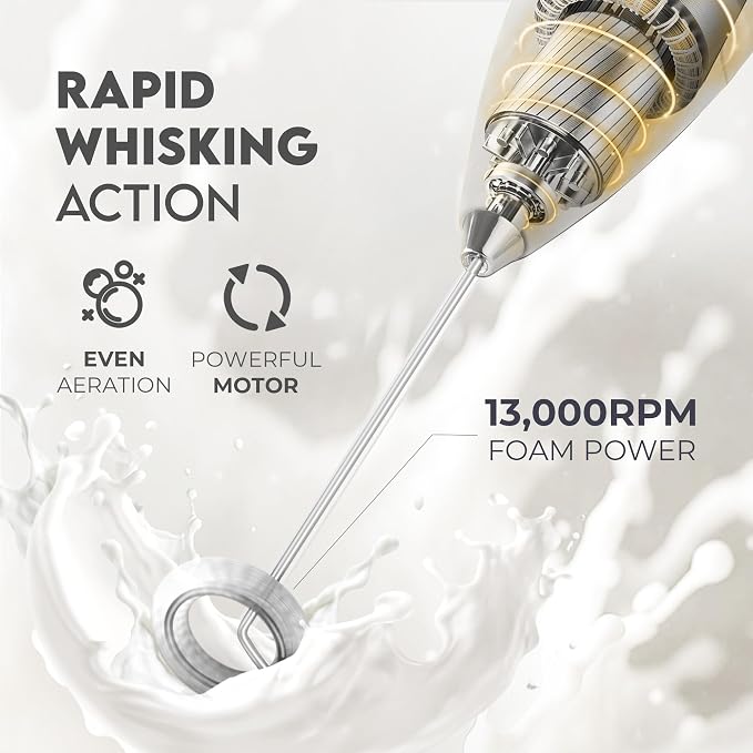 Zulay Kitchen Powerful Milk Frother AA Batteries Included – Ultra Fast Handheld Drink Mixer with Stainless Steel Whisk Stirrer for Coffee, Protein, Matcha & More, Frother Wand Electric Frothmate