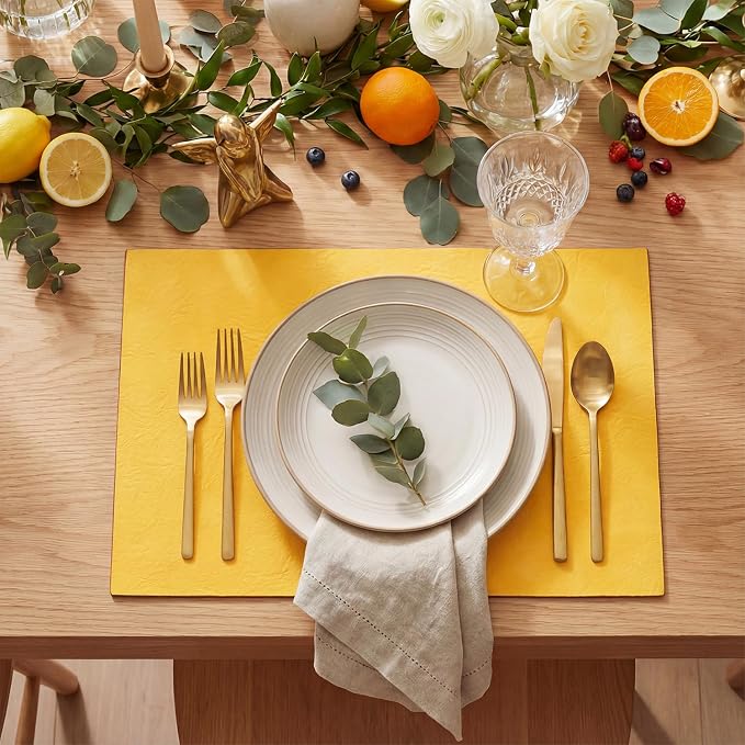 Artoid Mode Yellow Faux Leather Placemats Set of 6, 12x18 Inch Waterproof Wipeable Heat Resistant Vinyl Place Mats, Reversible Table Mats for Summer Kitchen Dining Decor