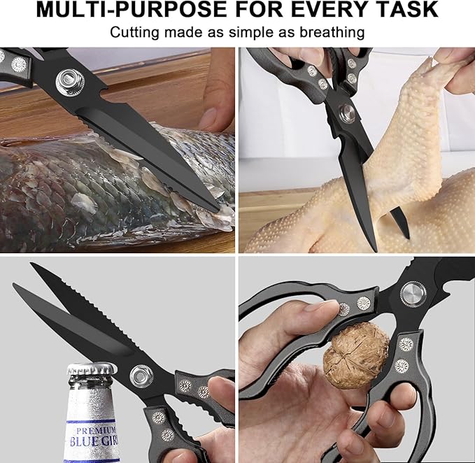 CGBE Kitchen Scissors, Multi-Purpose Kitchen Shears, Heavy Duty Dishwasher Safe Food Scissors for Chicken, Poultry, Fish, Meat & Herbs with Non-Slip Grips - ALL Black