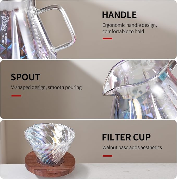 Bincoo Pour Over Coffee Maker&Dripper, Style Cone Filter + 600ml Glass Coffee Server, Manual Coffee Brewer Set, Reusable Coffee Filter Holder, Great Gift for Coffee Enthusiasts（Colorful）