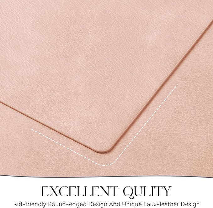 MOSAYT Vinyl Placemats Set of 4-12 X 17 Inch - Faux Leather 100% Waterproof Oil-Proof Wipeable PU Place Mats, Heat Resistant Reversible Table Mats for Kitchen, Dining, Outdoor, Pink