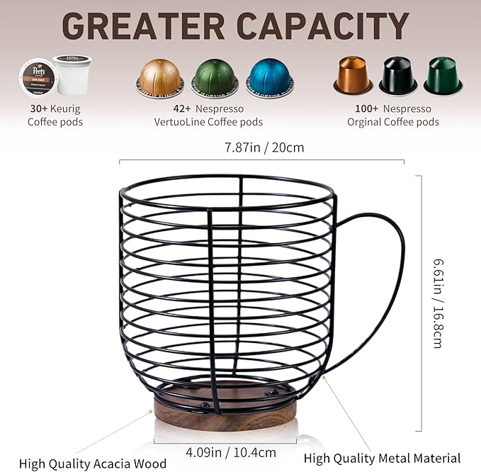 Coffee Pod Holders for Counter With Acacia Wood Base- K Cup Holders for Counter - Coffee Pods Storage Organizer - Coffee Bar Accessories - Large Capacity Black Wire Kup Storage with Wooden Stand