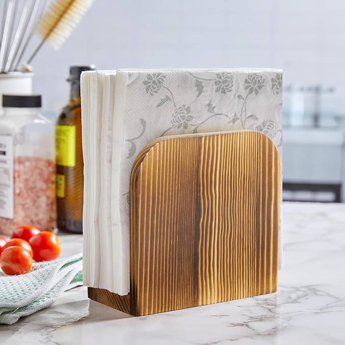 ALELION Brown Wood Napkin Holder for Table, Wooden Upright Napkin Holders for Kitchen, Standing Napkin Dispenser for Rustic Kitchen Dining Room Party Cocktail Outdoor