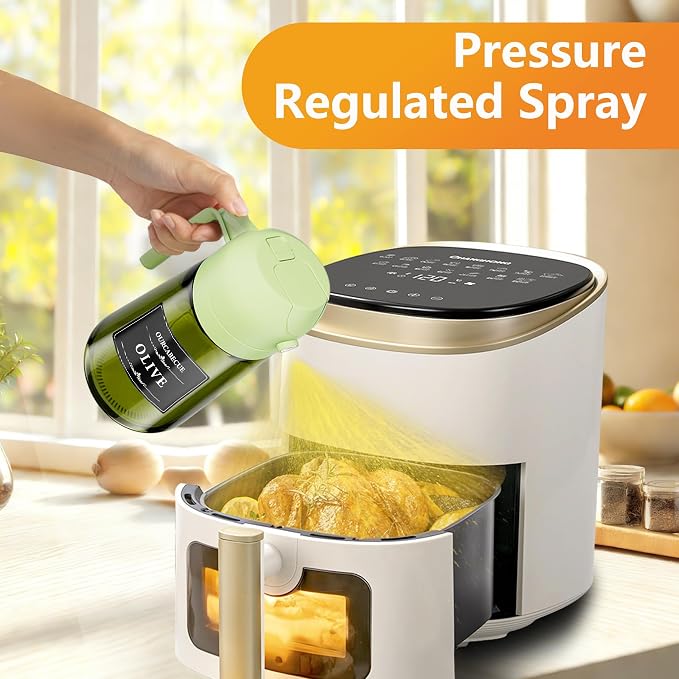 OURCABECUE 2 in 1 Olive Oil Sprayer for Cooking, 16oz/470ml Olive Oil Dispenser Bottle for Kitchen, Light-Blocking Dark Glass Oil Bottle, Food-Grade Oil Mister with 8 Oil Stickers (Green Bottle-Cap)