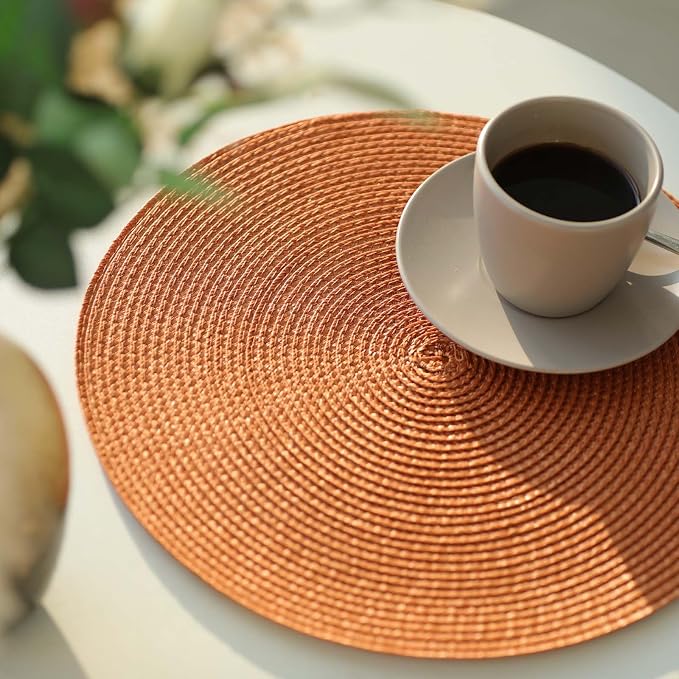 FunWheat Round Braided Placemats Set of 6 Place Mats for Dining Tables Woven Washable Non-Slip Table mats Small 13 inch(S Dark Orange, 6pcs)