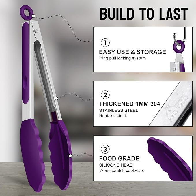 HOTEC Premium Stainless Steel Locking Kitchen Tongs with Silicon Tips, Set of 3-7", 9" and 12" (Purple)