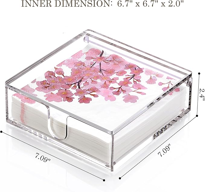DINGHUO Acrylic Napkin Holder, 7"x 7"x 2.4" Flat Luncheon Napkin Dispenser with Lid, Clear Flip-top Waterproof Paper Napkin Container Organizer for Table, Kitchen, Indoor & Outdoor, Bathroom Vanity