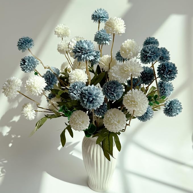 10pcs Faux White & Blue Kiku Flowers, 5 Heads Each Stem & 4 Branches Eucalyptus Stems, Artificial Small Mini Chrysanthemum Flowers for Aesthetic Room Decor, Floral Arrangements Centerpiece