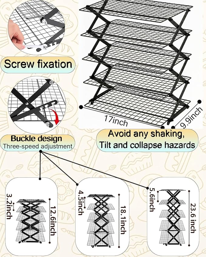 TOPACK Collapsible Cooling Rack for Baking - Adjustable 2/3/4/5 Tier Stackable Cooling Racks Foldable Cooking Roasting Drying Cookie Bread Women Gifts
