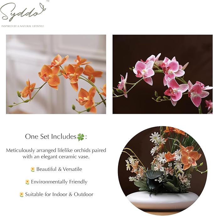 SYDDOL 45 cm Artificial Orchids in Pot, Decorative Orchid Bonsai with Real Touch Technology, Artificial / Fake Orchids that Look Real for Table Decorations (White Flower + White Pot)