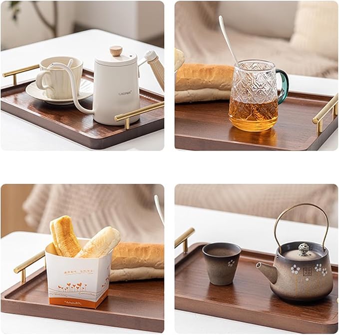 XZHXFX Bamboo Serving Tray with Gold Handles, Food Tray for Breakfast,Coffee Table,Dinner & Bar, Decorative Tray for Kitchen, Bedroom (Small)