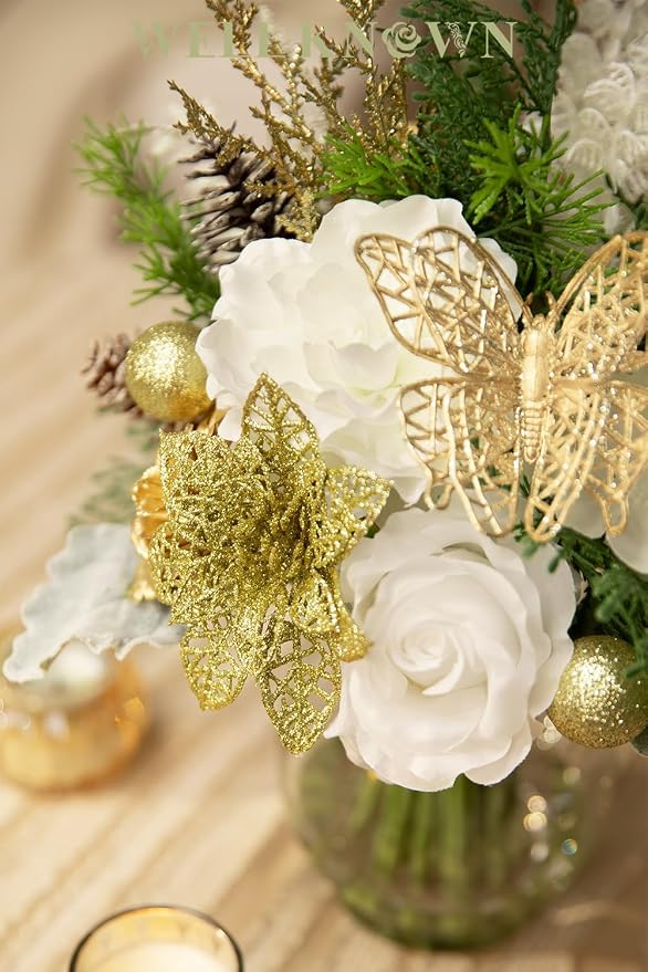 Fake Flowers in Vase with Fake Water, Golden Poinsettia & Butterfly, Artificial Rose Flowers Arrangement for Dining Table Centerpiece Wedding Party Winter Spring Home Decor Gift (Gold White & Green)