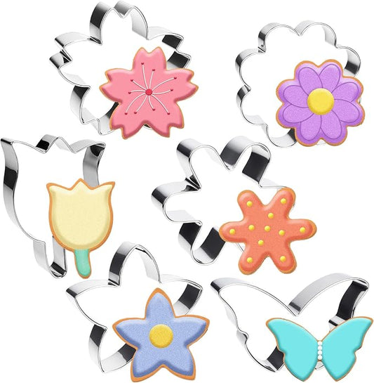 6 PCS Flower Cookie Cutters Set, Stainless Steel Flowers Cookie Cutters, Butterfly Cherry Blossom Tulip Daisy Shaped Baking Tools for Home Baking, Party Favors (Flower & Butterfly)
