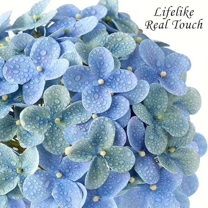 JINWOE 4Pcs Hydrangea Artificial Flowers, 20" Lifelike Latex Silk Real Touch Faux Hydrangea Flowers, Artificial Hydrangeas Bouquet for Wedding Centerpieces Tables Party Home (Blue)