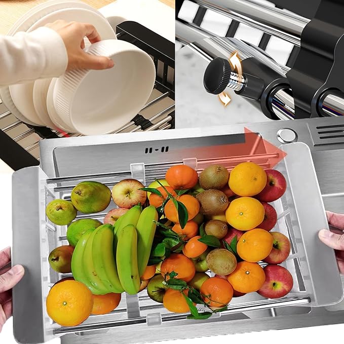 Large Dish Drying Rack - Extendable Dish Rack, Multifunctional Dish Rack for Kitchen Counter, Anti-Rust Dish Drainers with Cutlery and Cup Holders (Grey,L)