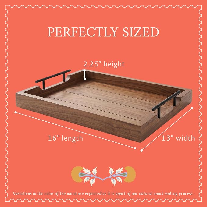 Mela Artisans 16 x 12 x 1.75 in Acacia Wood Serving Tray – Urban Walnut Rectangular Wooden Tray for Breakfast, Charcuterie, Coffee Table Decor & Home Display