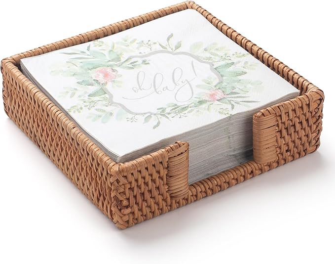 Rattan Napkin Holder Square Woven Flat Napkin Basket Tray for Tables 7.5" x 7.5" x 2.5"
