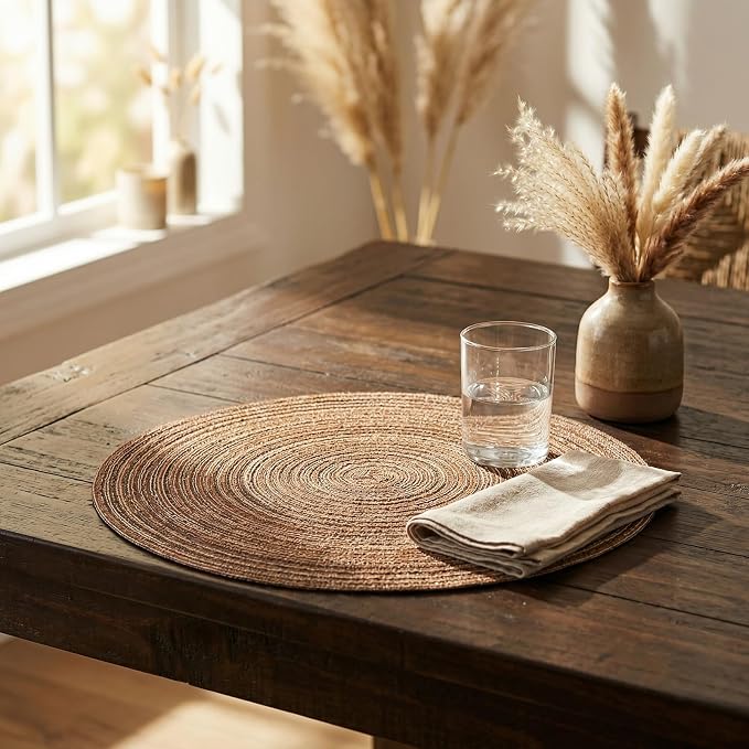 AHHFSMEI Round Braided Placemats Set of 6 Woven Table Mats for Dining Table Heat Resistant Easy to Clean Perfect for Kitchen & Home Decor (Brown)