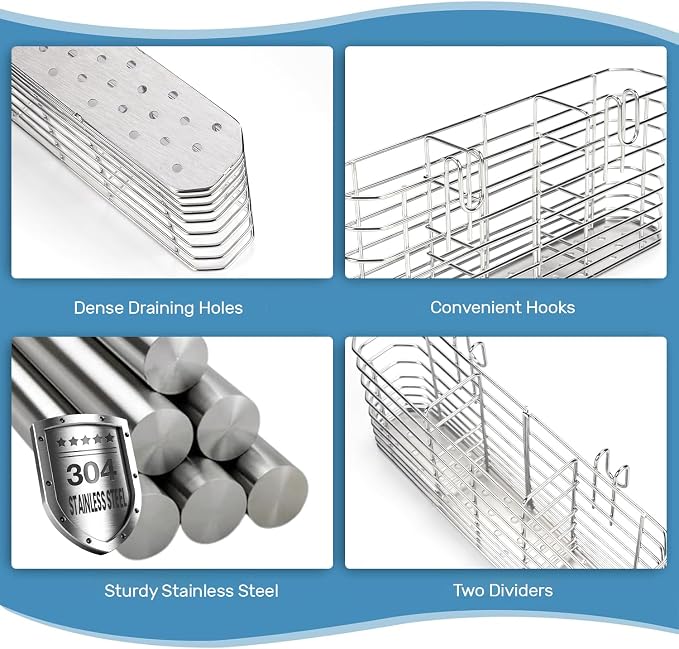 304 Stainless Steel Utensil Holder, Utensil Holder for Sink， Knife and Fork Drainage Rack， Kitchen Drainage Basket Accessories with Hooks, Rust Proof, No Drilling