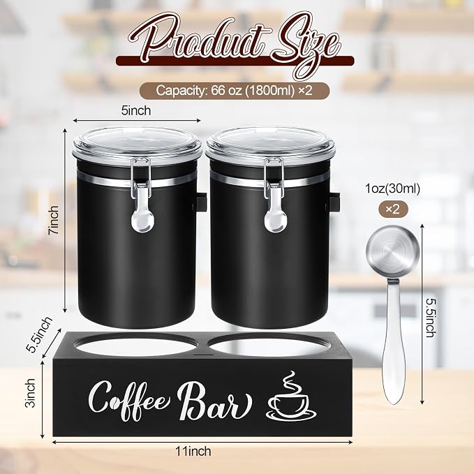 Maxcheck 2 Pcs 66 oz Coffee Sugar Canisters with Shelf & Scoop, Easter Gifts Airtight Stainless Steel Container with Lids, Home Kitchen Food Storage Jars for Grounds, Beans, Tea, Cereal(Black)