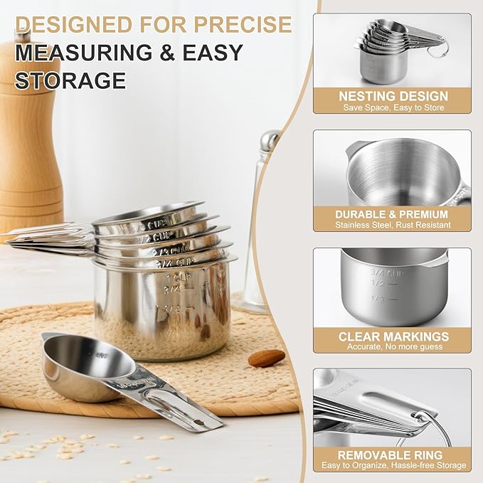 Stainless Steel Measuring Cups & Spoons Set, EWFEN Kitchen Tools Nesting Measuring Cups and Spoons, Fits in Spice Jars for Baking & Cooking, BPA Free, Set of 15 with Leveler, Multicolor