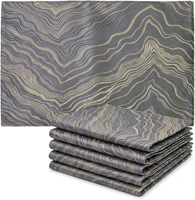 Dark Gray Placemats Set of 6, 12x18 Inch Irregular Mountain-Inspired Jacquard Table Mats, Double Sided Reversible Non Slip Place Mats, Grey Oriental Dining Table Decor for Kitchen