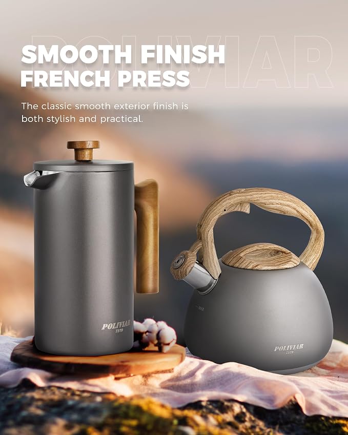 POLIVIAR French Press Coffee Maker, 34 oz | Real Wood Handle Coffee Press, Double Wall Insulation, Dual-Filter Screen, Food Grade Stainless Steel, For Coffee and Tea
