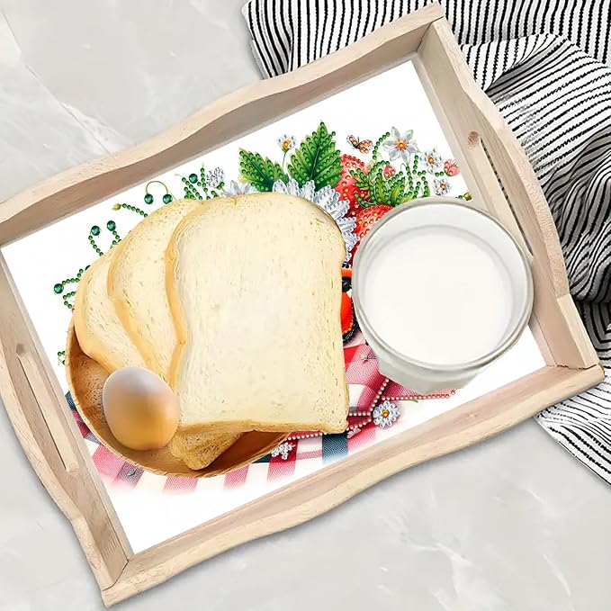 BAYUNOE DIY Diamond Serving Tray Christmas Rectangular Breakfast Tray with Handle Handmade Diamond Art Painting Wooden Tray for Dinner Plate Coffee Room Living Home Organizer-Strawberry