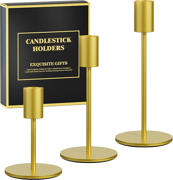 FSyueyun 3 Pcs Gold Candle Holders, Elegant Taper Candle Holders, Metal Candlestick Holders for Festive Table Decor, Mantel Centerpiece, Modern Candle Stand for Wedding, Housewarming Gift