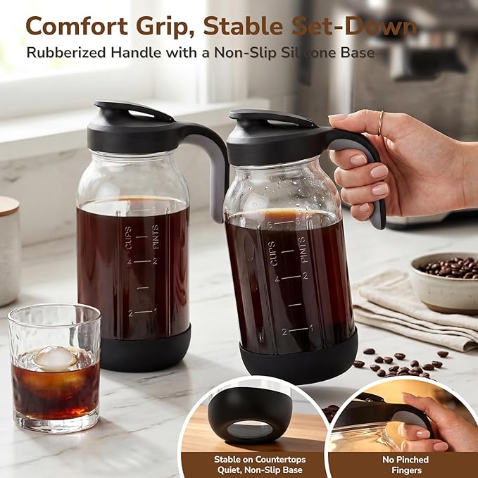 64 oz Cold Brew Coffee Maker with Stainless Steel Filter, 2 Quart Glass Mason Jar Pitcher with Pour Spout Lid, Iced Coffee Maker for Fridge, Wide Mouth, Leak-Resistant, Non-Slip Silicone Base