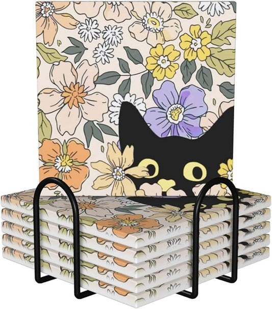 Black Cute Cat Square Ceramic Coasters Set of 6 Pack, Unique Fun Boho Watercolor Floral Flowers Stone Drink Coaster with Cup Holder Anti-Scratc Cork Backing Bar Kitchen Home Housewarming Gift