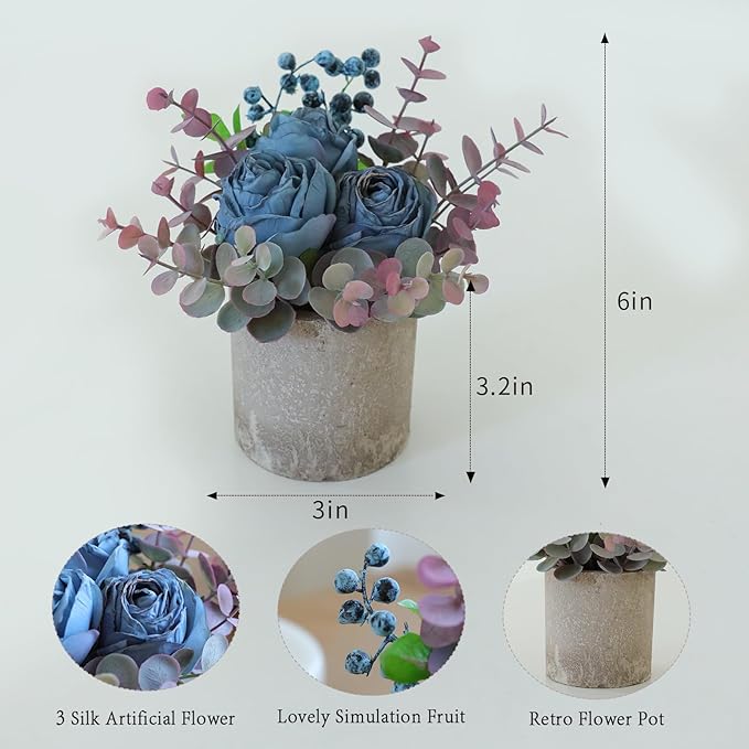 Small Artificial Burnt Blue Rose Potted Plant, 6" Fake Silk Flowers in 3" Cylindrical Pot, Mini Faux Floral Arrangement for Desk Shelf Bathroom Decor