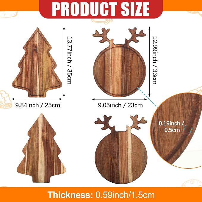 Umigy 2 Pcs Christmas Charcuterie Boards Christmas Tree Wooden Cutting Board with Handle Antler Acacia Wood Cute Cutting Board for Cheese Fruit Bread Salad Vegetables Snack Dessert