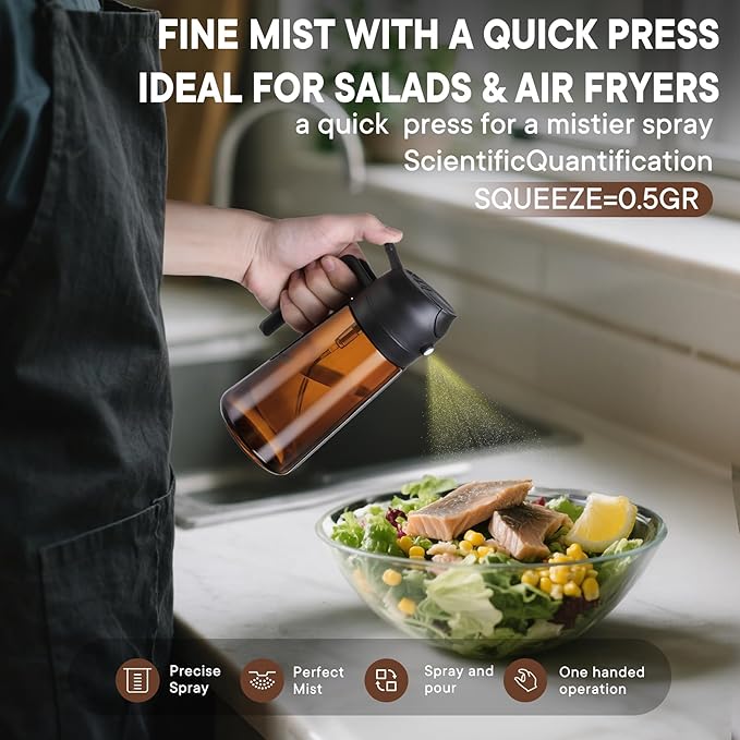 LAKUMIQI 2-in-1 Olive Oil Sprayer for Air Fryer – 16oz Glass Oil Dispenser & Cooking Oil Mister – Spray & Pour Bottle, Non-Aerosol, Leak-Resistant, for Salad, BBQ, Kitchen