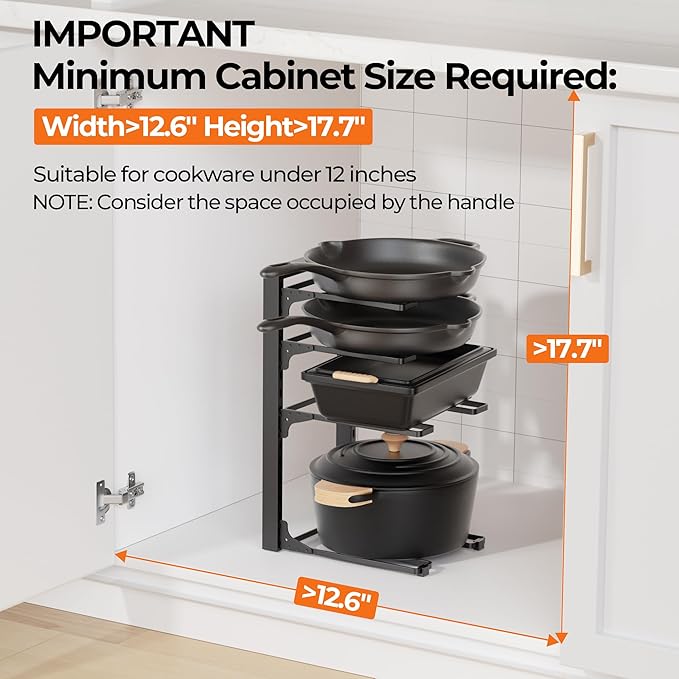MUDEELA 2 Pack Pots and Pans Organizer under Cabinet, 4-Tier Heavy Duty Pan Organizers inside Cabinet Kitchen Storage, Adjustable Pot Rack Holds up to 44 LB Cast Iron Skillets Shallow Cookware