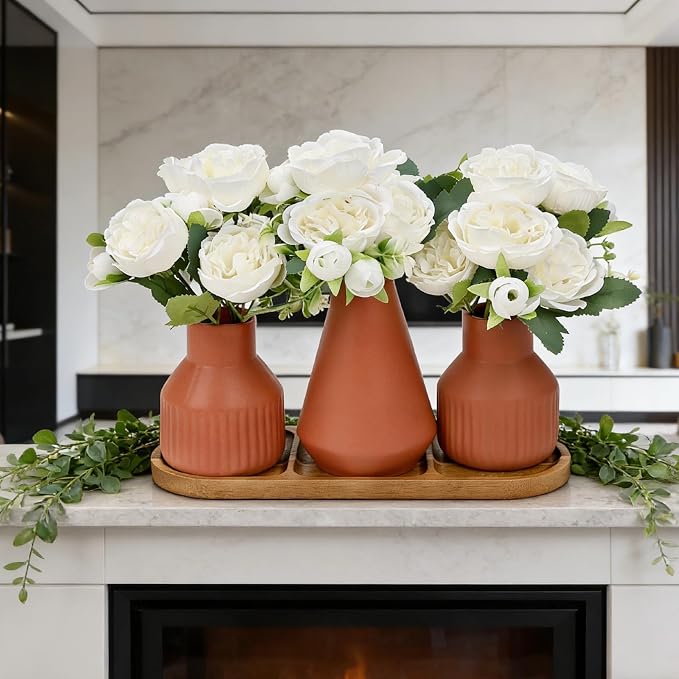 Flower Table Centerpiece - Dining Table Centerpiece Decor Set of 3 Fake Peonies in Ceramic Vases & Wood Tray Modern for Kitchen Island Living Room Coffee Table Home Decor (White)