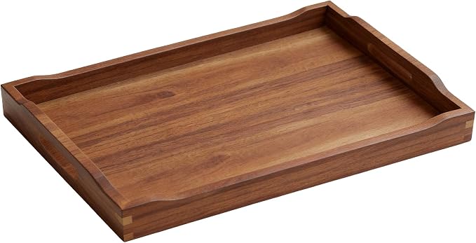 Acacia Wood Serving Tray with Handles, Rectangular Wooden Ottoman Tray for Coffee Table, Breakfast in Bed, Drinks, Kitchen Countertop and Home Decor
