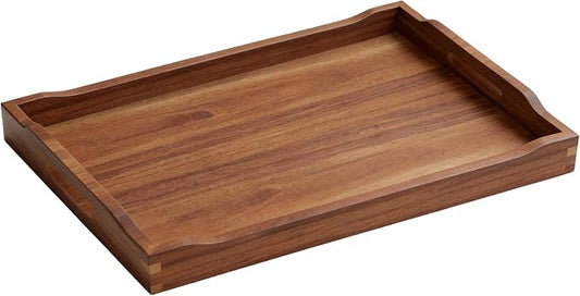 Acacia Wood Serving Tray with Handles, Rectangular Wooden Ottoman Tray for Coffee Table, Breakfast in Bed, Drinks, Kitchen Countertop and Home Decor