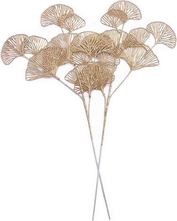 Christmas Artificial Plants Decoration 26" Tall, CATTREE Fake Plastic Golden Apricot Leaves Simulation Ginkgo Leaf Grass for Wedding Party Indoor DIY Home Office Table Centerpieces Decor Gold - 2 Pack