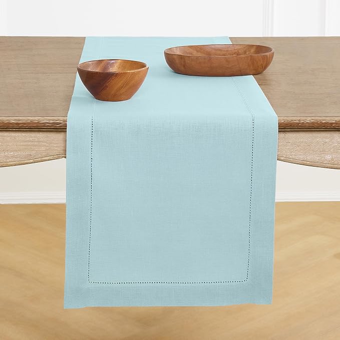 Solino Home Linen Aqua Blue Table Runner 120 Inches Long - 100% Pure Linen Hemstitch 14 x 120 Inch Table Runner for Dining, Summer - Classic Hemstitch