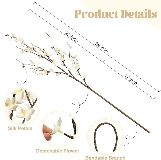 Ammyoo 4Pcs Cherry Blossom Branches Artificial Flowers for Spring Summer Indoor Decoration,Faux Long Stem Artificial Flowers for Wedding Home Office Bedroom Party Table Centerpieces Decor(White)