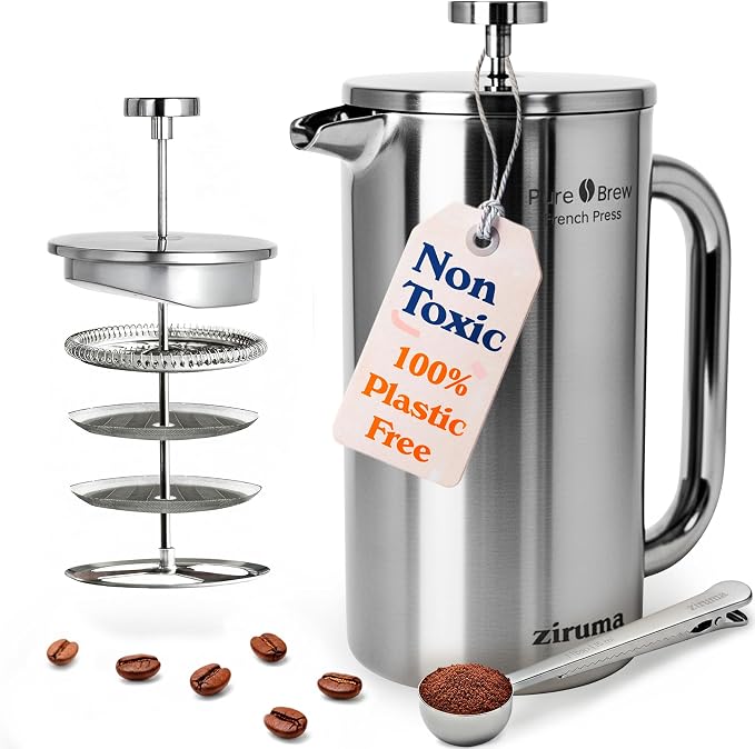 Non-Toxic Stainless Steel French Press, No Plastic or Heavy Metals, 34 oz | Surgical-grade steel. 4-layer filter. Double-wall insulated, stays hot for longer. Measure marks. Dishwasher safe. Portable.