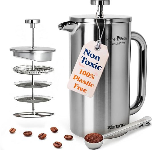 Non-Toxic Stainless Steel French Press, No Plastic or Heavy Metals, 34 oz | Surgical-grade steel. 4-layer filter. Double-wall insulated, stays hot for longer. Measure marks. Dishwasher safe. Portable.
