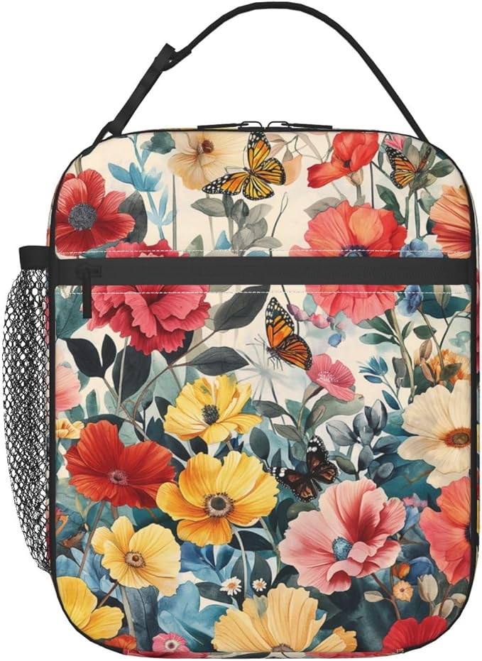 Floral Lunch Box for Adults Women Girls Boys Kids Butterfly Flower Lunch Box Insulated Cooler Reusable Lunch Bag Container Gifts for Work Office Picnic Travel School