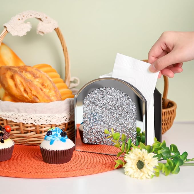 Mirror Napkin Holder with Crushed Diamond, Bling Glass Silver Napkin Holder for Dining Table Kitchen Countertop and Home Décor