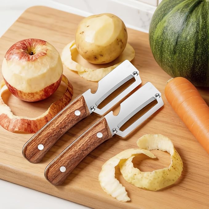 2-in-1 Premium Vegetable Peeler with Wooden Handle and Bottle Opener, Multifunctional Stainless Steel Kitchen Tool for Fruit Apple Potato Pumpkin Papaya