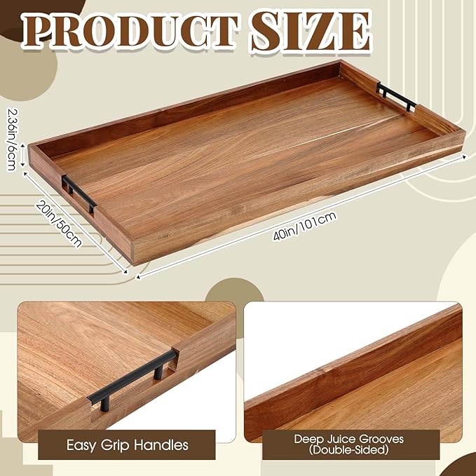 Blushtier 40 x 20 Inch Wood Serving Tray Extra Large Ottoman Tray with Handle Oversized Rectangle Extra Long Vintage Decorative Platters for Kitchen Food Beverage Fruit Snack Tea Coffee Table Decor