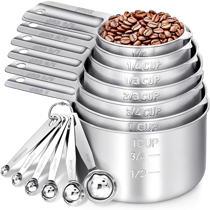 Measuring Cups and Spoons Set of 13, 7 Stainless Steel Nesting Cups and 6 Measuring Spoons, 2 Detachable Rings, Kitchen Gadgets for Baking Cooking, Dry and Liquid Ingredients