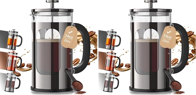 Veken French Press Coffee Maker,No Plastic Touching Cafe,34oz 1L Cafetera,Heat Resistant Thickened Borosilicate Glass Stainless Steel Pot for Kitchen,Travel,Camping,Tea, Gifts, Dark Pewter (Pack of 2)